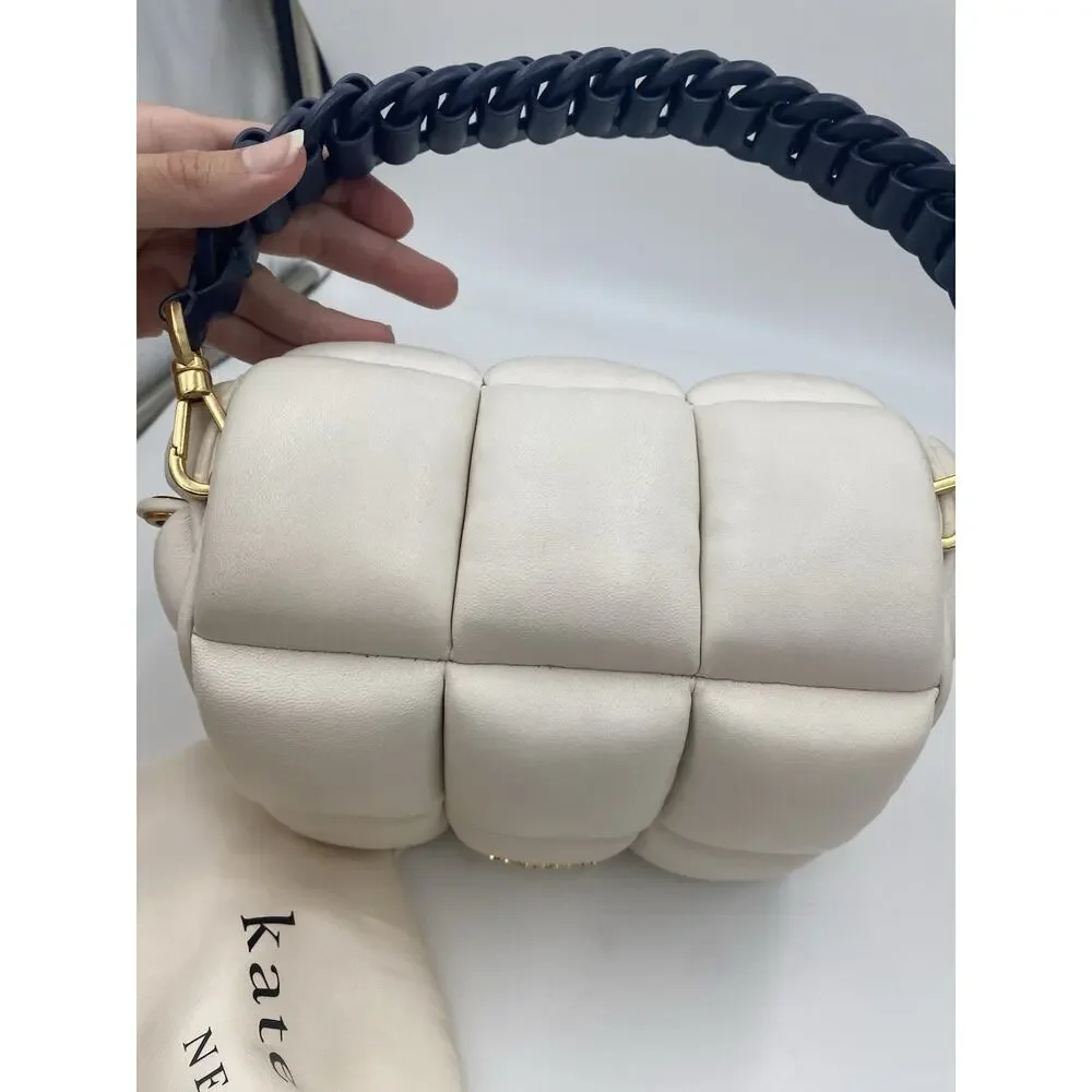 Kate Spade Boxxy Crossbody Bag East West Ivory Navy Blue Woven Puffy Leather